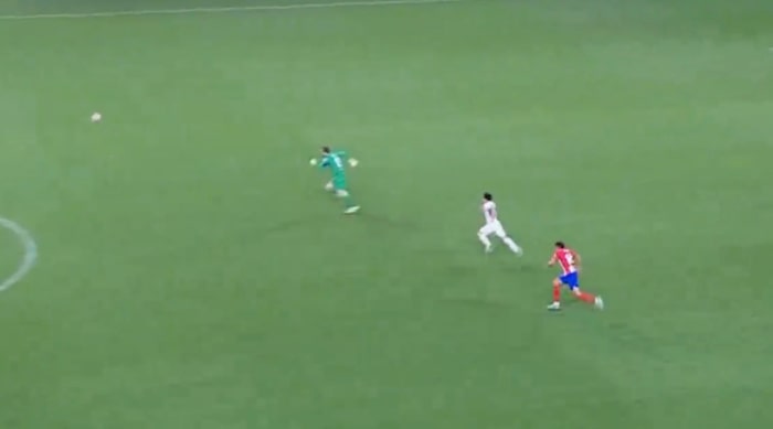 Brahim Diaz pictured (center) moments before scoring a bizarre goal past keeper Jan Oblak (left) during Real Madrid's 5-3 win over Atletico Madrid in the semi-finals of the 2023/24 Supercopa de Espana